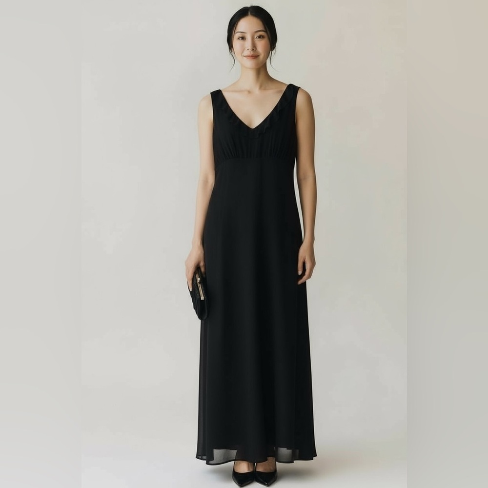 Jeanne  Pierre Long Black Dress, Empire Waist, Wrinkle Free, Fully Lined